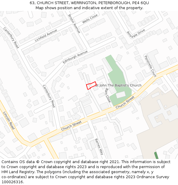 63, CHURCH STREET, WERRINGTON, PETERBOROUGH, PE4 6QU: Location map and indicative extent of plot