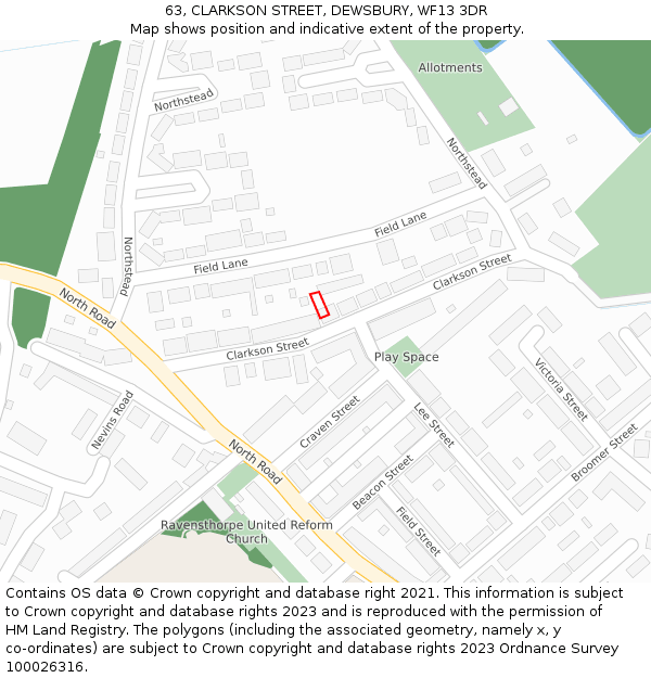 63, CLARKSON STREET, DEWSBURY, WF13 3DR: Location map and indicative extent of plot