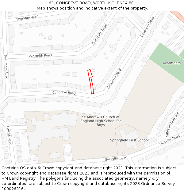 63, CONGREVE ROAD, WORTHING, BN14 8EL: Location map and indicative extent of plot
