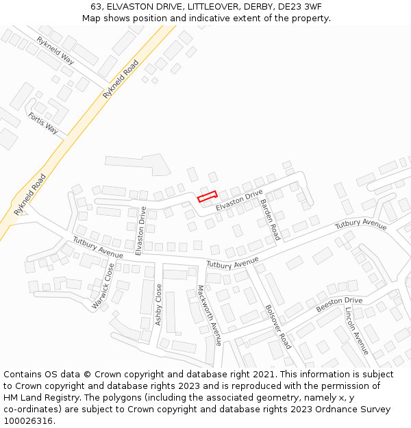 63, ELVASTON DRIVE, LITTLEOVER, DERBY, DE23 3WF: Location map and indicative extent of plot