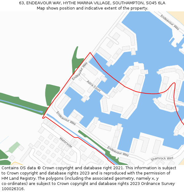 63, ENDEAVOUR WAY, HYTHE MARINA VILLAGE, SOUTHAMPTON, SO45 6LA: Location map and indicative extent of plot