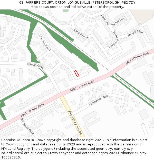63, FARRIERS COURT, ORTON LONGUEVILLE, PETERBOROUGH, PE2 7DY: Location map and indicative extent of plot