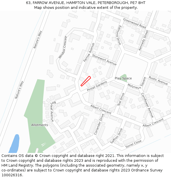 63, FARROW AVENUE, HAMPTON VALE, PETERBOROUGH, PE7 8HT: Location map and indicative extent of plot