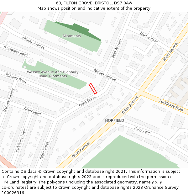 63, FILTON GROVE, BRISTOL, BS7 0AW: Location map and indicative extent of plot