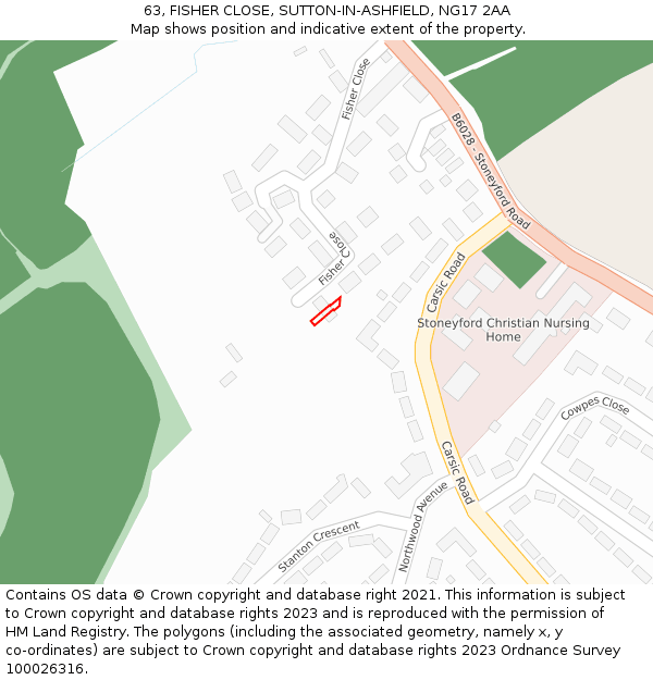 63, FISHER CLOSE, SUTTON-IN-ASHFIELD, NG17 2AA: Location map and indicative extent of plot