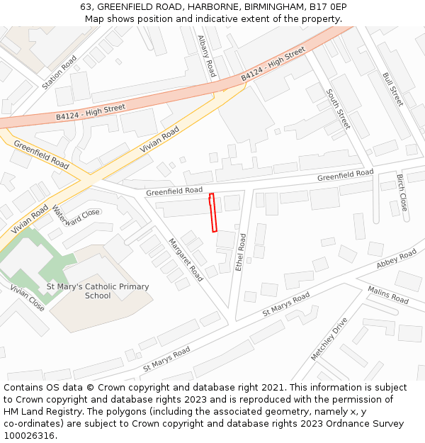 63, GREENFIELD ROAD, HARBORNE, BIRMINGHAM, B17 0EP: Location map and indicative extent of plot