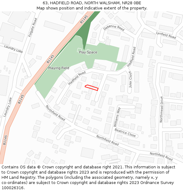 63, HADFIELD ROAD, NORTH WALSHAM, NR28 0BE: Location map and indicative extent of plot