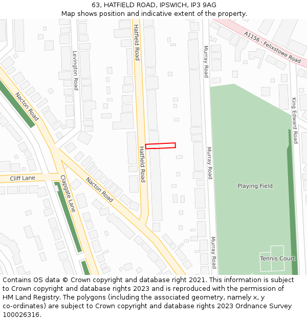 63, HATFIELD ROAD, IPSWICH, IP3 9AG: Location map and indicative extent of plot