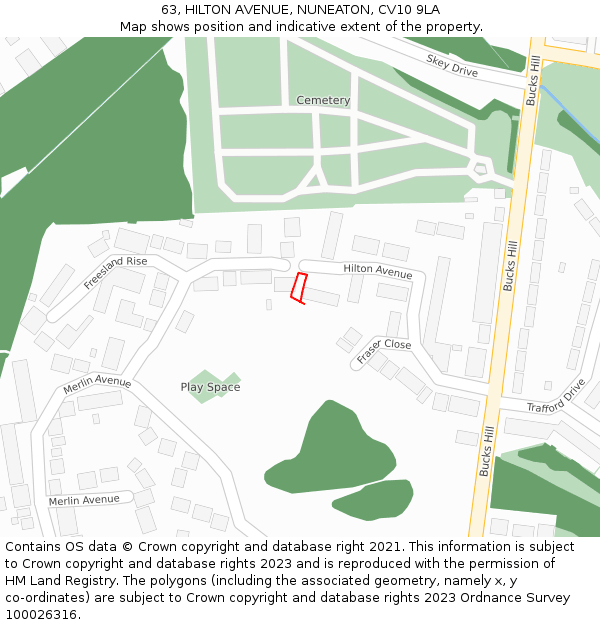 63, HILTON AVENUE, NUNEATON, CV10 9LA: Location map and indicative extent of plot