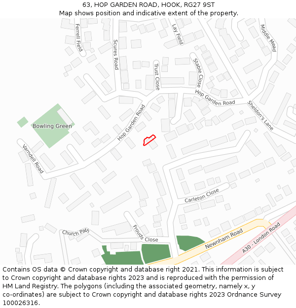 63, HOP GARDEN ROAD, HOOK, RG27 9ST: Location map and indicative extent of plot