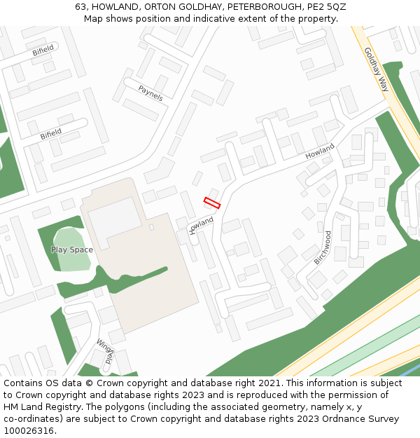 63, HOWLAND, ORTON GOLDHAY, PETERBOROUGH, PE2 5QZ: Location map and indicative extent of plot