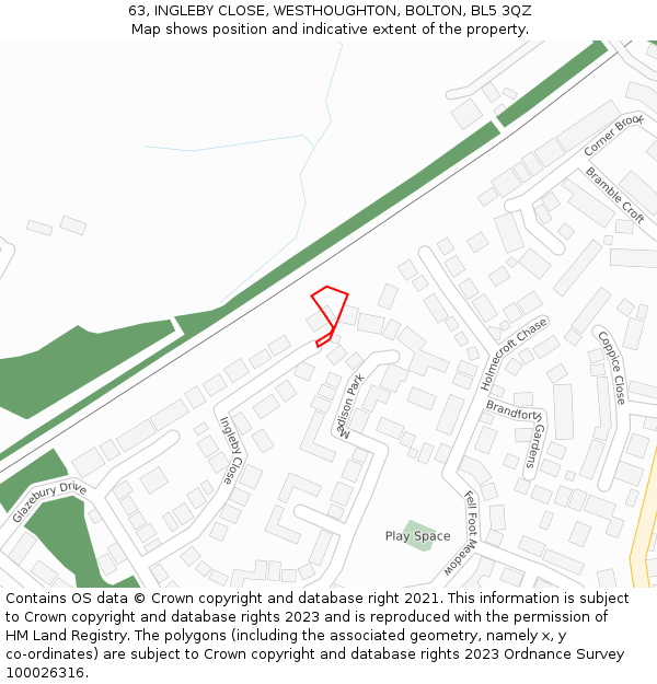 63, INGLEBY CLOSE, WESTHOUGHTON, BOLTON, BL5 3QZ: Location map and indicative extent of plot