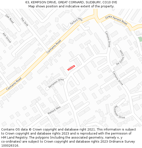 63, KEMPSON DRIVE, GREAT CORNARD, SUDBURY, CO10 0YE: Location map and indicative extent of plot
