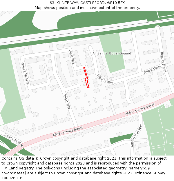 63, KILNER WAY, CASTLEFORD, WF10 5FX: Location map and indicative extent of plot