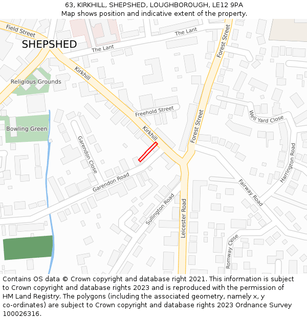 63, KIRKHILL, SHEPSHED, LOUGHBOROUGH, LE12 9PA: Location map and indicative extent of plot