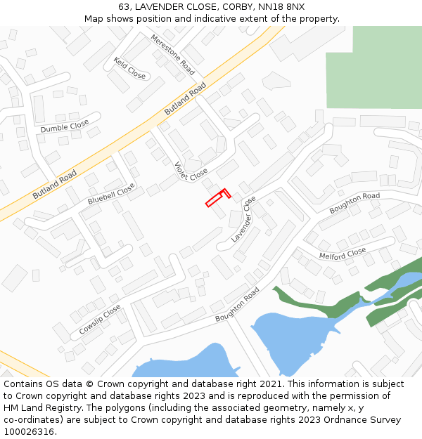 63, LAVENDER CLOSE, CORBY, NN18 8NX: Location map and indicative extent of plot
