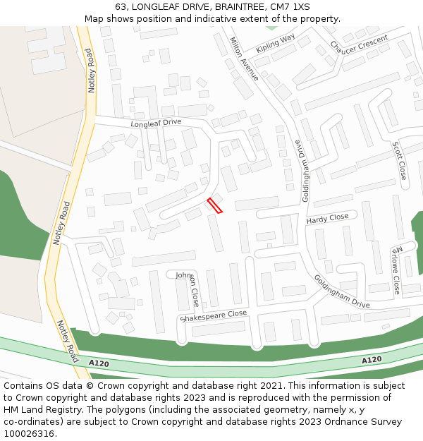 63, LONGLEAF DRIVE, BRAINTREE, CM7 1XS: Location map and indicative extent of plot
