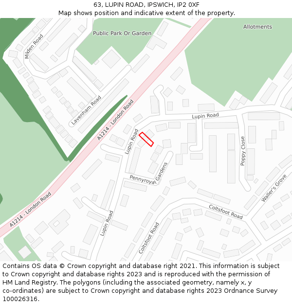 63, LUPIN ROAD, IPSWICH, IP2 0XF: Location map and indicative extent of plot