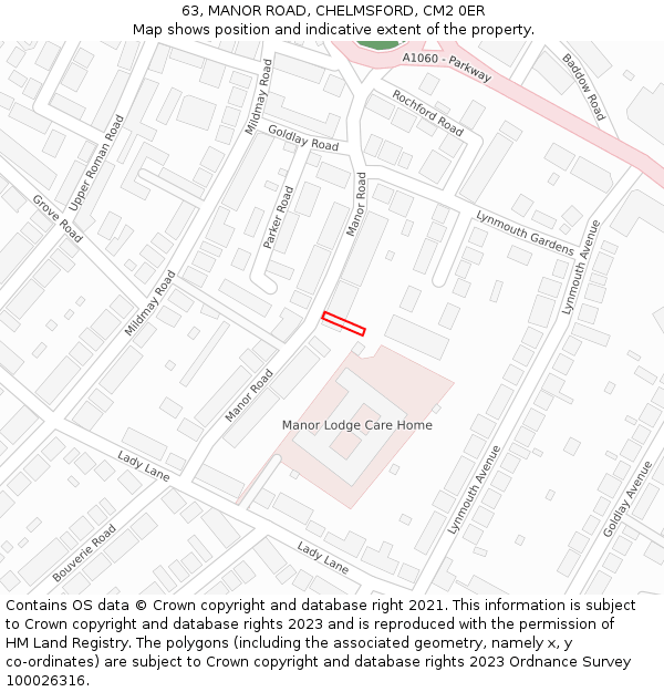 63, MANOR ROAD, CHELMSFORD, CM2 0ER: Location map and indicative extent of plot