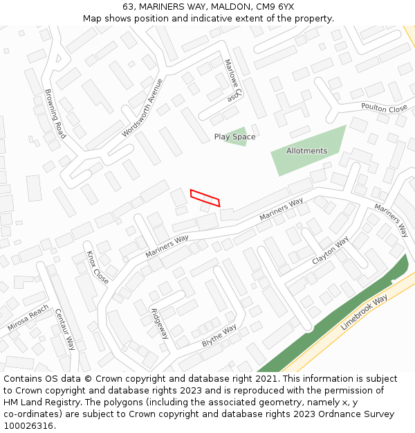63, MARINERS WAY, MALDON, CM9 6YX: Location map and indicative extent of plot