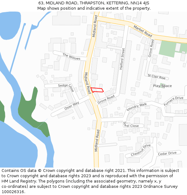 63, MIDLAND ROAD, THRAPSTON, KETTERING, NN14 4JS: Location map and indicative extent of plot