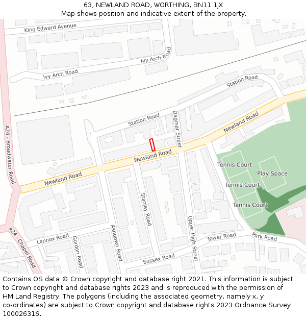 63, NEWLAND ROAD, WORTHING, BN11 1JX: Location map and indicative extent of plot