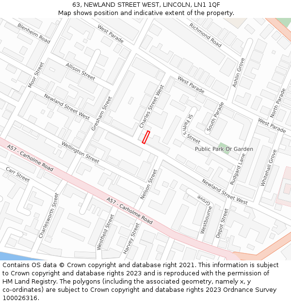 63, NEWLAND STREET WEST, LINCOLN, LN1 1QF: Location map and indicative extent of plot