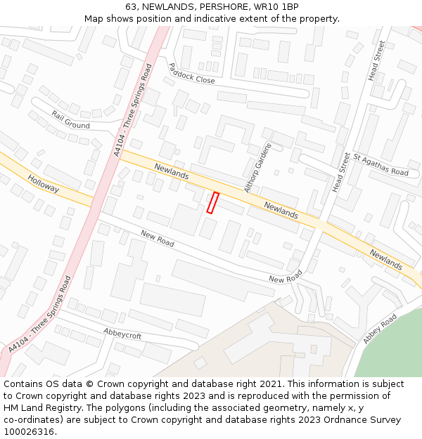 63, NEWLANDS, PERSHORE, WR10 1BP: Location map and indicative extent of plot