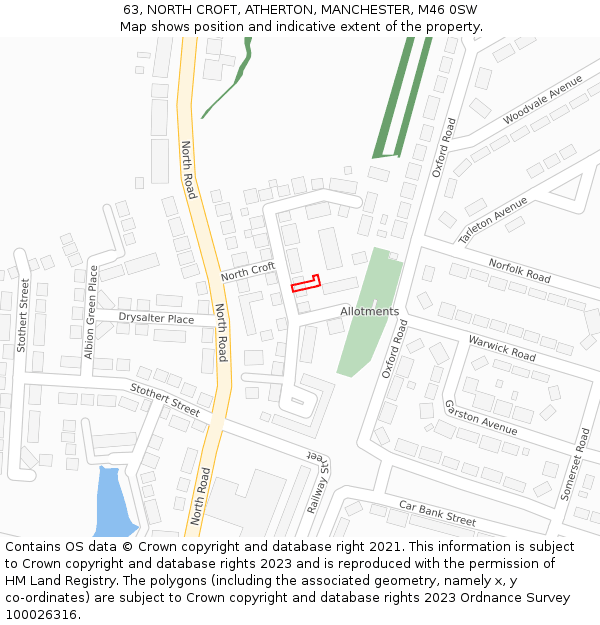 63, NORTH CROFT, ATHERTON, MANCHESTER, M46 0SW: Location map and indicative extent of plot