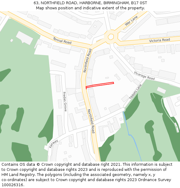 63, NORTHFIELD ROAD, HARBORNE, BIRMINGHAM, B17 0ST: Location map and indicative extent of plot