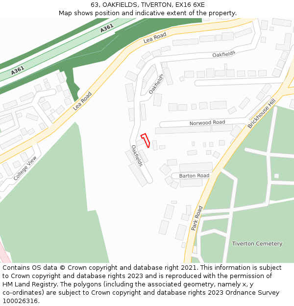 63, OAKFIELDS, TIVERTON, EX16 6XE: Location map and indicative extent of plot