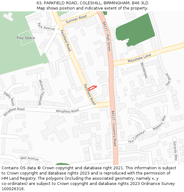 63, PARKFIELD ROAD, COLESHILL, BIRMINGHAM, B46 3LD: Location map and indicative extent of plot