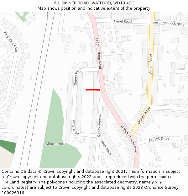 63, PINNER ROAD, WATFORD, WD19 4EG: Location map and indicative extent of plot