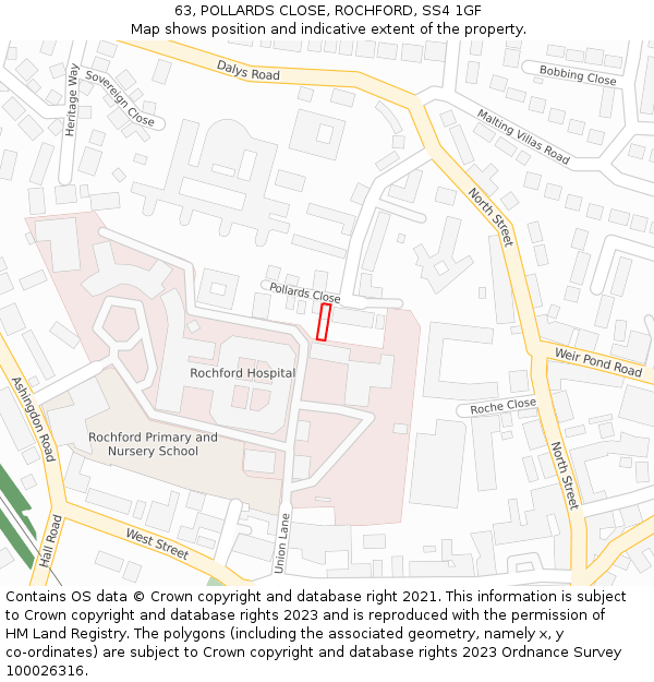 63, POLLARDS CLOSE, ROCHFORD, SS4 1GF: Location map and indicative extent of plot
