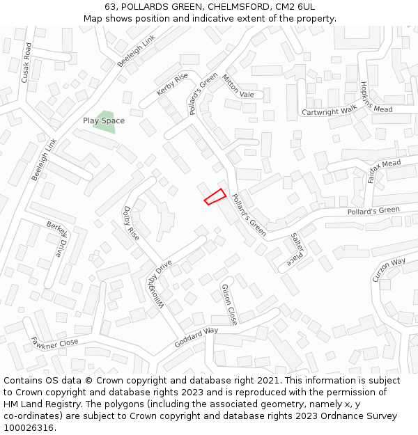 63, POLLARDS GREEN, CHELMSFORD, CM2 6UL: Location map and indicative extent of plot