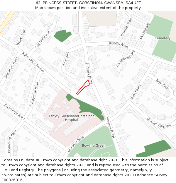 63, PRINCESS STREET, GORSEINON, SWANSEA, SA4 4FT: Location map and indicative extent of plot