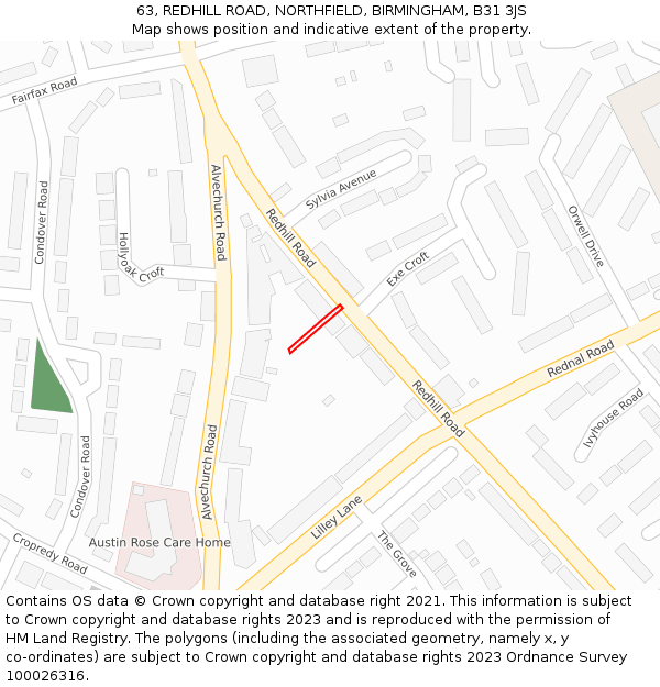 63, REDHILL ROAD, NORTHFIELD, BIRMINGHAM, B31 3JS: Location map and indicative extent of plot