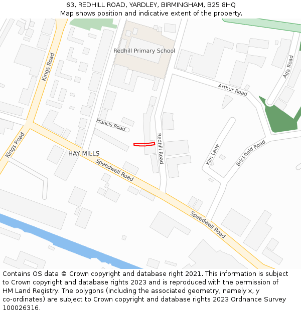 63, REDHILL ROAD, YARDLEY, BIRMINGHAM, B25 8HQ: Location map and indicative extent of plot