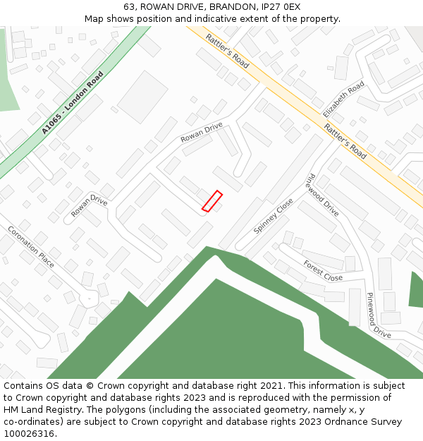 63, ROWAN DRIVE, BRANDON, IP27 0EX: Location map and indicative extent of plot