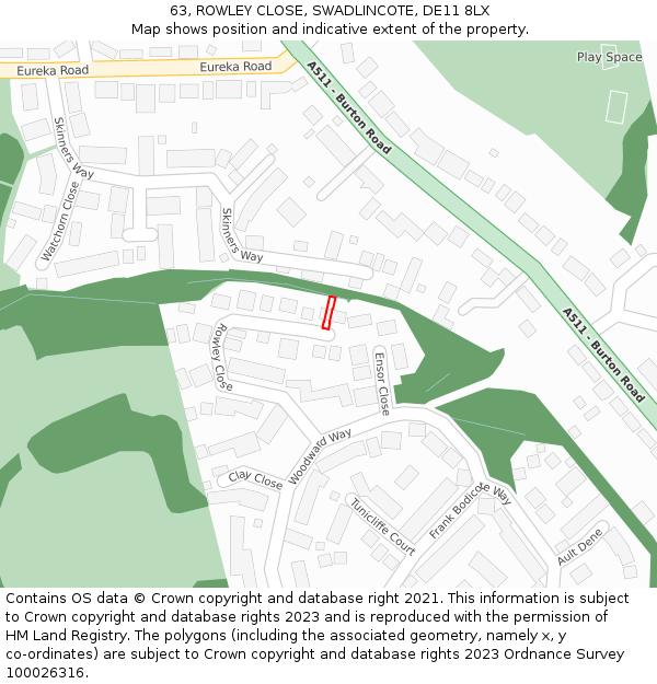 63, ROWLEY CLOSE, SWADLINCOTE, DE11 8LX: Location map and indicative extent of plot