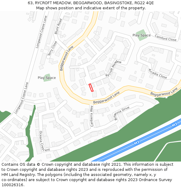 63, RYCROFT MEADOW, BEGGARWOOD, BASINGSTOKE, RG22 4QE: Location map and indicative extent of plot