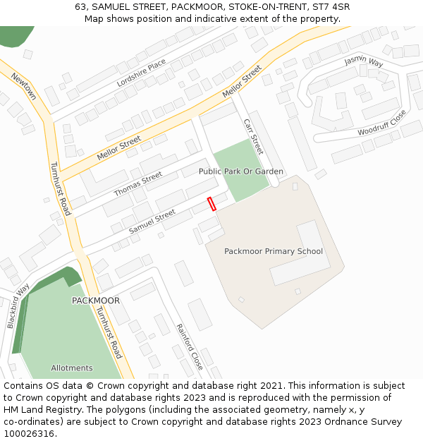 63, SAMUEL STREET, PACKMOOR, STOKE-ON-TRENT, ST7 4SR: Location map and indicative extent of plot