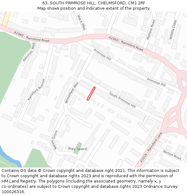 63, SOUTH PRIMROSE HILL, CHELMSFORD, CM1 2RF: Location map and indicative extent of plot