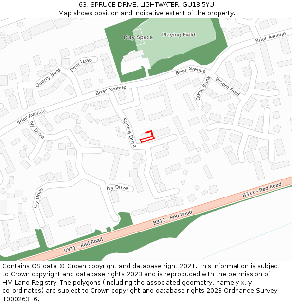 63, SPRUCE DRIVE, LIGHTWATER, GU18 5YU: Location map and indicative extent of plot
