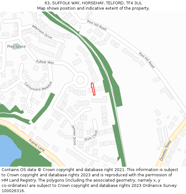 63, SUFFOLK WAY, HORSEHAY, TELFORD, TF4 3UL: Location map and indicative extent of plot