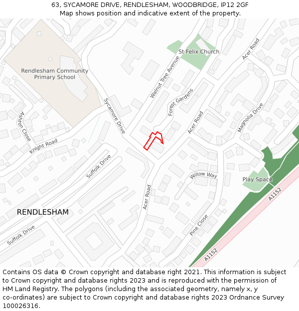 63, SYCAMORE DRIVE, RENDLESHAM, WOODBRIDGE, IP12 2GF: Location map and indicative extent of plot