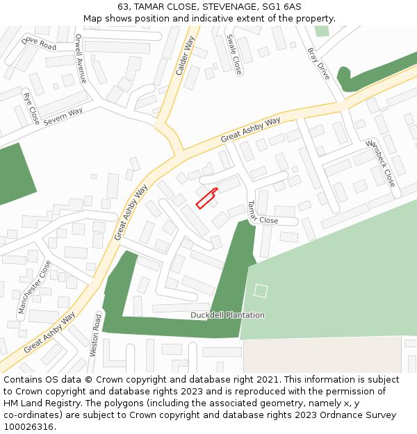 63, TAMAR CLOSE, STEVENAGE, SG1 6AS: Location map and indicative extent of plot