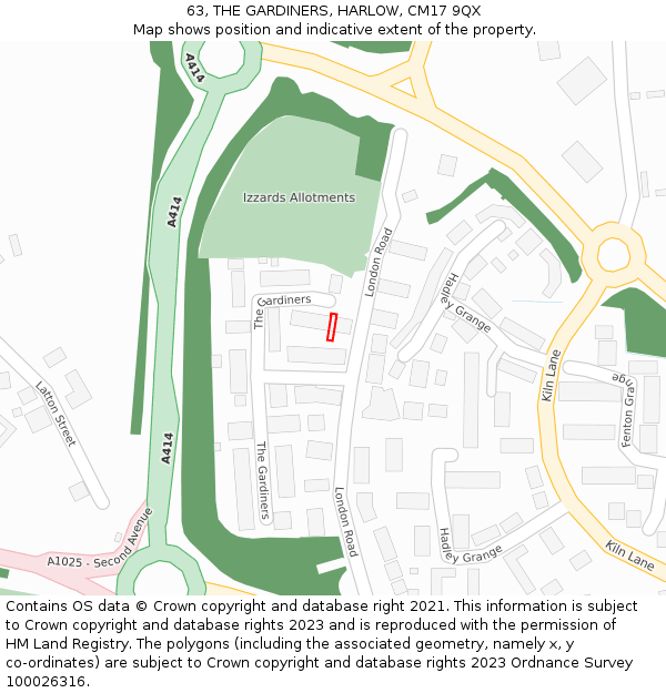 63, THE GARDINERS, HARLOW, CM17 9QX: Location map and indicative extent of plot