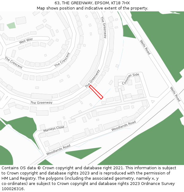63, THE GREENWAY, EPSOM, KT18 7HX: Location map and indicative extent of plot