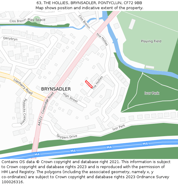 63, THE HOLLIES, BRYNSADLER, PONTYCLUN, CF72 9BB: Location map and indicative extent of plot